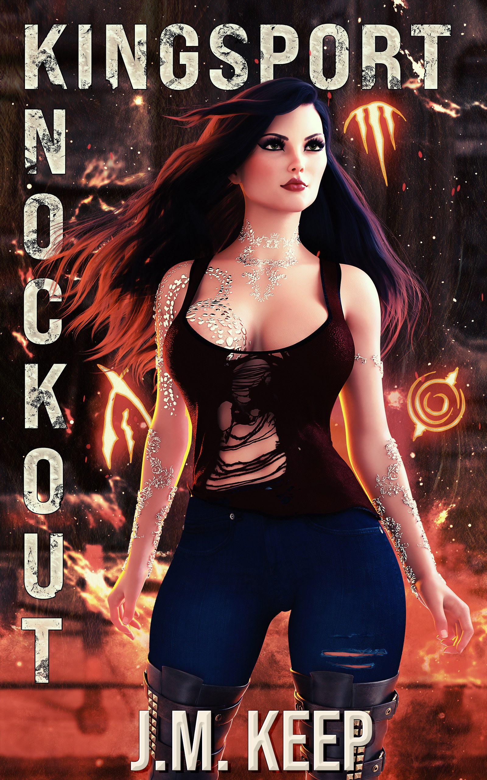 Kingsport Knockout A book cover with a woman in a torn shirt, standing with her hair being blown dramatically by the wind. Behind her is an alien looking monster, looming in the edge of the frame. Text reads: The old world is dead. The new world is born. The Time For Monsters - An Eldritch Xenomorph Monster Romance. Wall Street Journal & USA Today Bestselling Author Alexis Abbott as J.M. Keep.