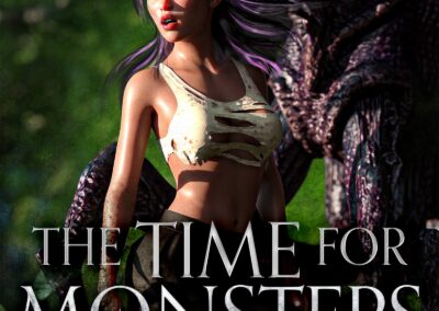 A book cover with a woman in a torn shirt, standing with her hair being blown dramatically by the wind. Behind her is an alien looking monster, looming in the edge of the frame. Text reads: The old world is dead. The new world is born. The Time For Monsters - An Eldritch Xenomorph Monster Romance. Wall Street Journal & USA Today Bestselling Author Alexis Abbott as J.M. Keep.